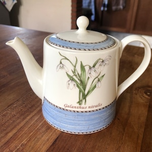 Könnte beinhalten: Weiße Teekanne aus Keramik mit einem blauen und weißen Blumendesign mit Schneeglöckchen. Die Teekanne hat ein blaues und weißes Band um den Boden mit dem Text "Galanthus nivalis".