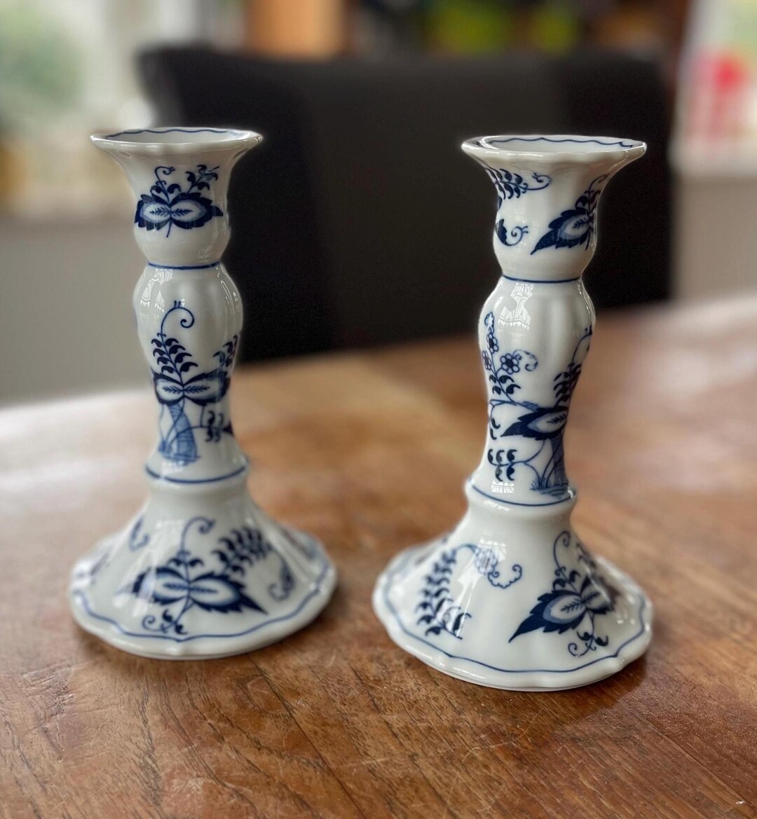 Set of 2 Gorgeous Blue Danube Blue Onion Japan High Candlestick-tall ...