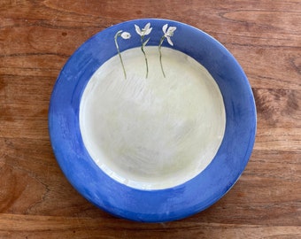 A Gorgeous Gien France "Alice " Dinner Plate-Dinner Plate- 27cm-White&Blue Flowers, Green Stem and Leaves-Rare