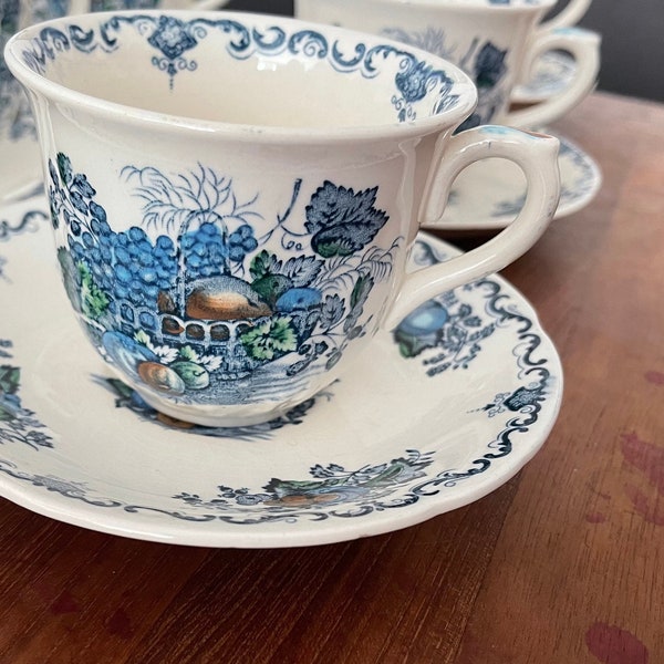 A Vintage Mason's Ironstone fruit basket blue coffee cup with saucer- tall teacup or coffeecup and saucer set- Rare!