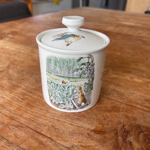 May include: White ceramic jar with a lid featuring a Peter Rabbit illustration. The jar has a green, brown, and white design with a rabbit and a bird.
