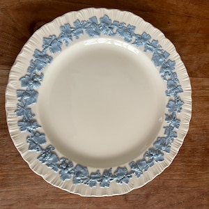 Puede incluir: Un plato de cerámica blanco con un diseño de vid de uva azul y blanco alrededor del borde.
