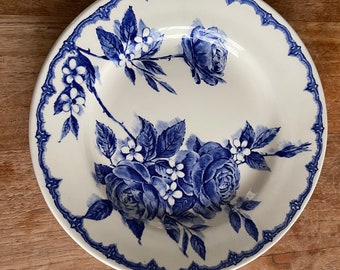Un plato de desayuno vintage Victoria Broadhurst Ironstone-Plato de desayuno/ensalada 20 cm- Staffordshire-Hecho en Inglaterra- Rosa azul y blanca- ¡Muy raro!