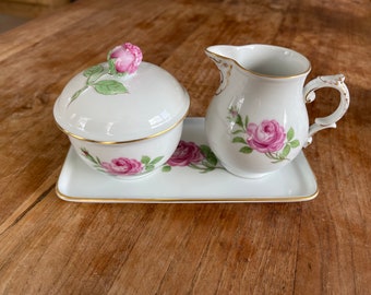 Beautiful Vintage Furstenberg 'Pink Rose' Suikerpot Melkkan en Onderschaal Set- jaren 70-Duits servies