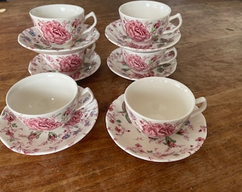 Set de 6 Vintage Johnson Bros, Inglaterra- Rose Chintz Pink taza de té con platillo- taza de té y platillo- hecho en Inglaterra