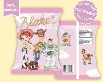 Personalised PINK Toy Story Woody's Roundup Crisp Bag Template Digital Download Chip Bag Design Party Favour Kid's Party Instant Access