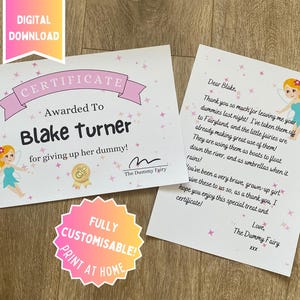 Carta y certificado personalizados para chupete rosa de hada Descarga digital Impresión en casa Acceso instantáneo Chupete para bebé