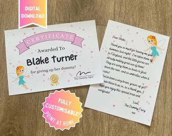Personalisierte Rosa Schnuller Fee Brief und Zertifikat Digitaler Download-Druck zu Hause Instant Access Give Up Schnuller Kleinkind Baby