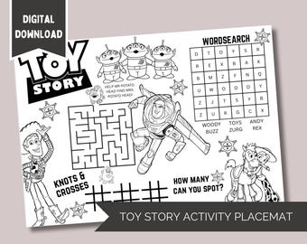 Toy Story Kids Printable Activity Placemat Colour In Sheet fun for Parties Birthday Party Idea Favour for Children Boredom Buster Puzzle