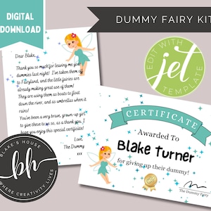 Carta y certificado personalizados para chupete azul con diseño de hada Descarga digital Impresión en casa Acceso instantáneo Chupete para bebé