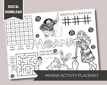 Moana Kids Printable Activity Placemat Colour In Sheet fun for Parties Birthday Party Idea Favour for Children Boredom Buster Puzzle