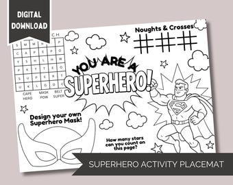 Superhero Kids Printable Activity Placemat Colour In Sheet fun for Parties Birthday Party Idea Favour for Children Boredom Buster Puzzle