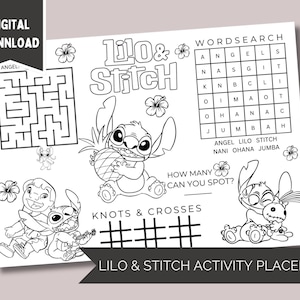 May include: A black and white Lilo & Stitch activity placemat with a maze, word search, and other games. The placemat features illustrations of Lilo and Stitch, along with the text "Lilo & Stitch Activity Placemat".