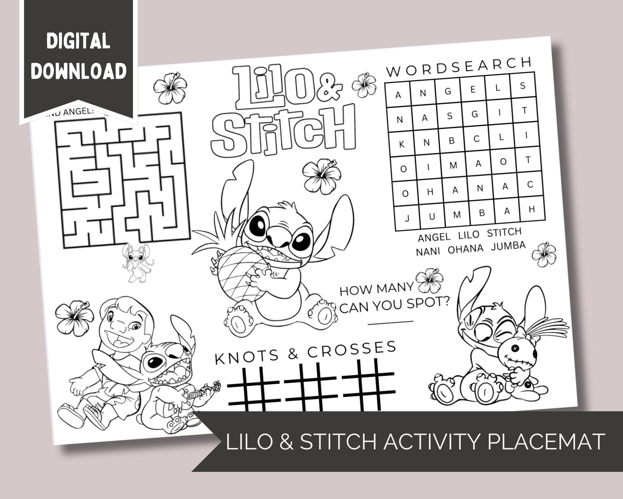 Lilo & Stitch Kids Printable Activity Placemat Colour In Sheet fun for Parties Birthday Party Idea Favour for Children Boredom Buster Puzzle