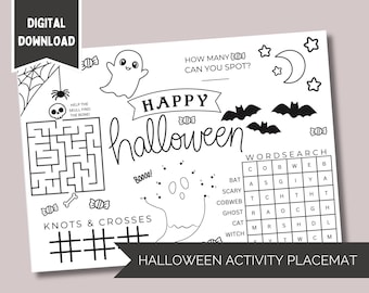 Halloween Kids Printable Activity Placemat Colour In Sheet fun for Parties Birthday Party Idea Favour for Children Boredom Buster Puzzle
