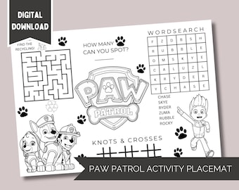 Paw Patrol Kids Printable Activity Placemat Colour In Sheet fun for Parties Birthday Party Idea Favour for Children Boredom Buster Puzzle