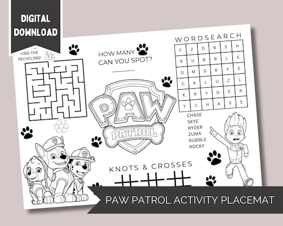 Paw Patrol Kids Printable Activity Placemat Colour In Sheet fun for Parties Birthday Party Idea Favour for Children Boredom Buster Puzzle