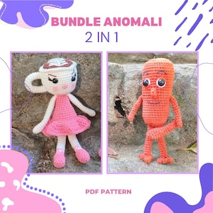May include: A crochet pattern bundle featuring two whimsical amigurumi figures. One is a white teacup with a pink dress, the other is an orange carrot-shaped character. The text "BUNDLE ANOMALI 2 IN 1" and "PDF PATTERN" are also visible.