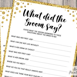 What Did The Groom Say? Bridal Shower Game Gold Bachelorette Quiz Faux Glitter Instant Download - Activity Sheet Card Games Hen Party GG1