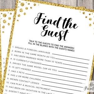 Vind de gasten bruids douche spel goud faux glitter Instant Download-activiteit Sheet Card Fun gissen games, vrijgezellenfeest GG1