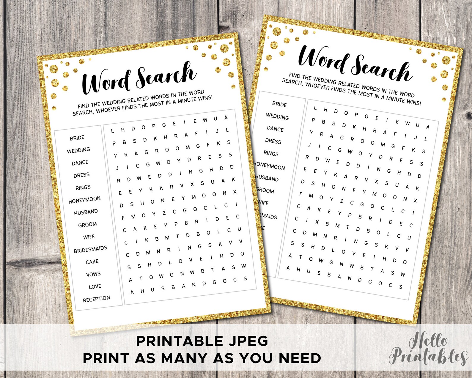 Word Search Bridal Shower Game Bachelorette Gold Faux Glitter Instant ...
