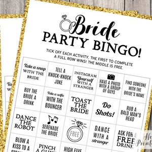 May include: A black and white printable bridal shower game card with a gold glitter background. The card has a title that says "Bride Party Bingo!" and includes a 5x5 grid of activities for guests to complete. The center square is marked "Free".