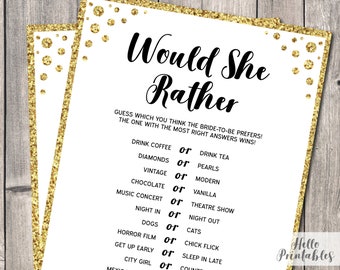 Would she Rather Bridal Shower Game Gold Faux Glitter Instant Download - Activity Sheet Card Fun Guessing Games, Bachelorette Hen Party GG1