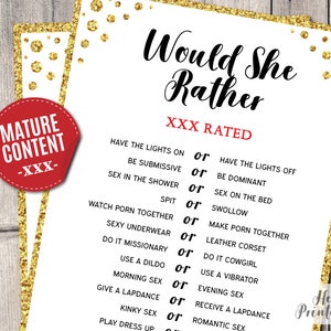 Would She Rather Bridal Shower Game Mature Content Gold Glitter Instant Download - Activity Sheet Card Rude Dirty Bachelorette Hen Party GG1