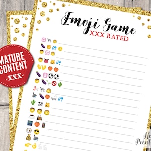 May include: A printable game sheet with a gold glitter background and the text "Emoji Game XXX Rated" in black. The sheet has a list of emojis on the left side and blank lines on the right side for players to write their answers.