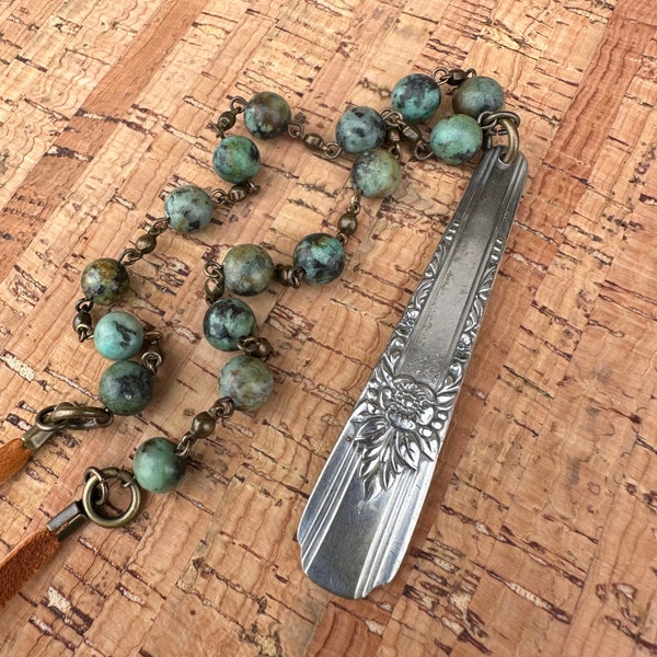 Spoon Handle Necklace – "Havisham" – African Turquoise & Saddle Brown Leather – La Rose (1938)