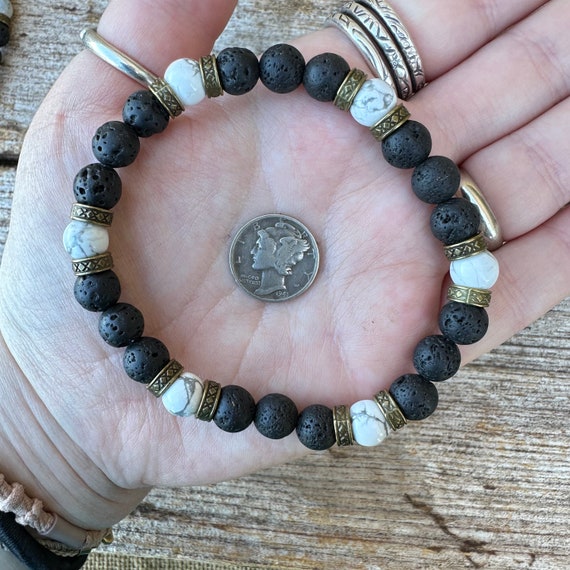 Gemstone Lava Rock Bracelet – “virgil” – White Howlite (8 Inches