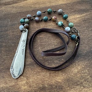 Silverplate Flatware & Gemstone Necklace – "Havisham" – Indian Agate – Chocolate Leather – Meadowbrook (1936)
