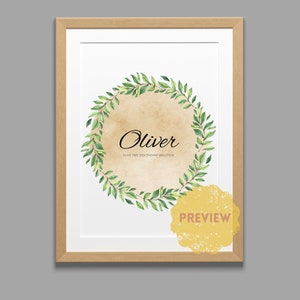 Oliver Name Meaning Art Print: Forest Greenery Wreath (Digital Download)