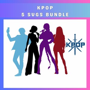Puede incluir: Gráfico con el texto "KPOP 5 SUGS BUNDLE" sobre las siluetas de cinco figuras en azul, negro, morado y rojo. Un logotipo de KPOP con una espada y un diseño de estrella está a la derecha.