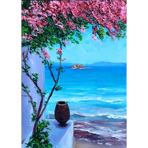 Peinture de Santorin, art mural original, peinture de Grèce, oeuvre d&#39;art florale originale petite peinture par ArtByVarduhi