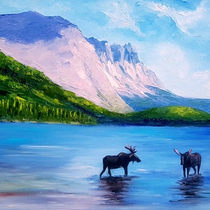 Glacier National Park Painting Original Art Mountain Painting Deer Painting Oil Artwork 12 By 16 By ArtByVarduhi