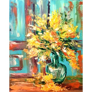 Mimosa Painting Flower Original Art Mimosa Wall Art Floral Small Painting Impasto Artwork 16 by 12 By ArtByVarduhi