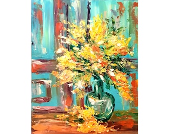 Mimosa Painting Flower Original Art Mimosa Wall Art Floral Small Painting Impasto Artwork 16 by 12 By ArtByVarduhi