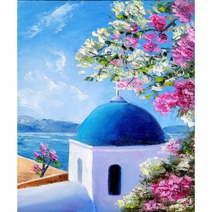 Santorini schilderij bomen muur kunst kerk schilderij originele kunst Griekenland schilderij door ArtByVarduhi