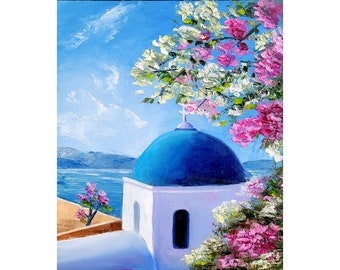 Santorinimålning Träd Väggkonst Kyrkamålning Originalkonst Greklandsmålning Av ArtByVarduhi