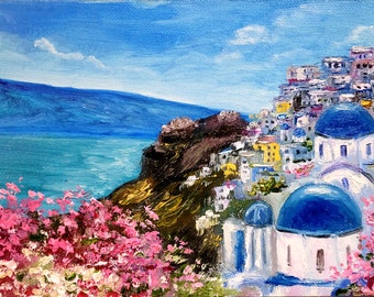 Santorinimålning Originalkonst Greklandsmålning Blomsterkonstverk 6 x 12 av ArtByVarduhi