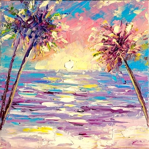 Hawaii Painting Original Art  Beach Seascape Painting Palm Tree Artwork 8 By 8