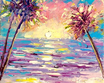 ハワイの絵画 オリジナルアート ビーチ 海景画 ヤシの木のアートワーク 8 x 8