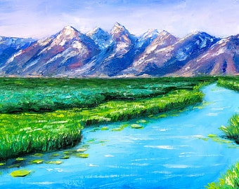 Grand Teton National Park Painting Original Art Landscape Artwork Mountain Painting  8 By 12 By ArtByVarduhi
