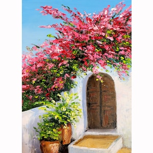 Peinture de Santorin, oeuvre d&#39;art originale de la Grèce, peinture florale de Santorin, petite peinture d&#39;ArtByVarduhi
