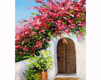 Santorinimålning Originalkonst Greklandsmålning Blommor Santorini Väggkonst Liten målning av ArtByVarduhi