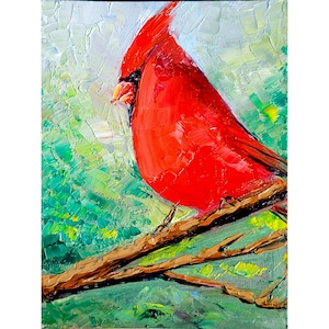 Cardinal Painting Bird Original Painting Robin Painting Oil Wall Art 8 by 6 By ArtByVarduhi