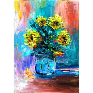 Daisy Painting Original Flowers Impasto Sunflowers Small Artwork 5.8x5.5 by Olina Svoboda