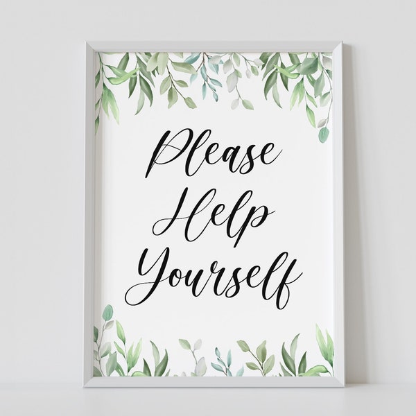 Please help yourself sign, greenery bridal shower, foliage, food table sign, help yourself, beverage station, printable, instant download