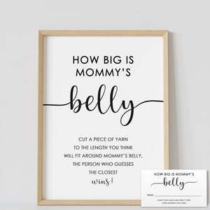 Juego de "¿Qué tan grande es la barriga de mamá?", juegos para baby shower, minimalista, blanco y negro, de género neutro, moderno, simple, imprimible, descarga instantánea